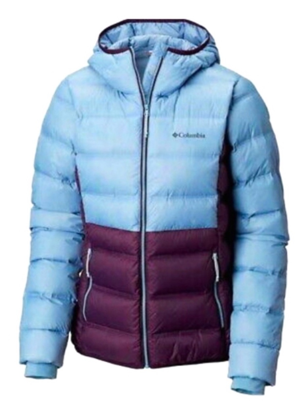 Columbia Two-Tone Light Blue and Plum Women's Puffer Jacket